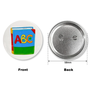 58mm cartoon ABC book badge showing front and back view with safety pin closure