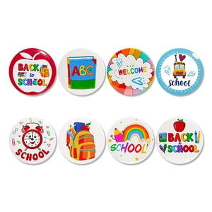 Set of 8 colorful back to school badges featuring cartoon apple, bus and books designs
