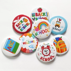 Set of 8 colorful back to school cartoon tinplate badges with bus and apple patterns