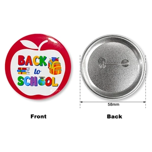 58mm Back to School tinplate badges featuring apple and globe icons for students