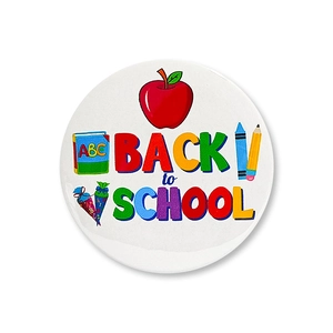Detailed view of Back to School badge with red apple and colorful ABC book illustration