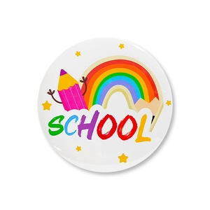 Close-up of circular back to school badge with colorful rainbow and pencil design