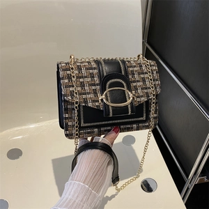 Women Vintage Tweed Chain Crossbody Bag Fashion PU Leather Patchwork Shoulder Bag Chic Square Commuting Purse For Daily