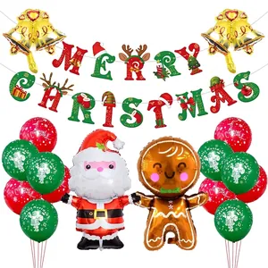 Christmas Santa Claus Gingerbread Man Balloon Banner Set Red Green Latex Foil Balloons Party Decorations For Holiday