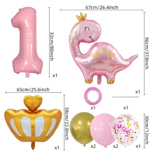 Kit ballons chiffre 1 rose avec dinosaure à couronne pour premier anniversaire fille