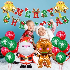 Christmas party decoration set with Santa and Gingerbread Man balloons in a snow scene