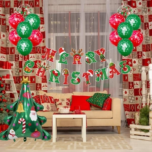 Christmas party decoration set with Merry Christmas banner and green xmas tree balloon