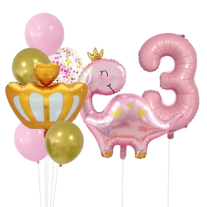 Kit ballons dinosaure rose et chiffre 3 doré pour décoration anniversaire fille 3 ans