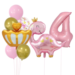 Set ballon chiffre 4 rose avec dinosaure à couronne pour fête 4ème anniversaire fille