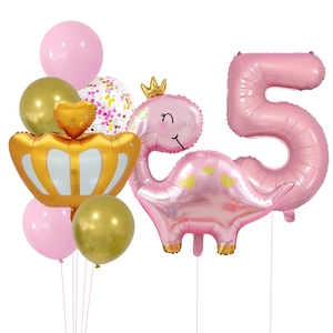 Kit ballon chiffre 5 rose avec dinosaure à couronne pour déco anniversaire fille 5 ans