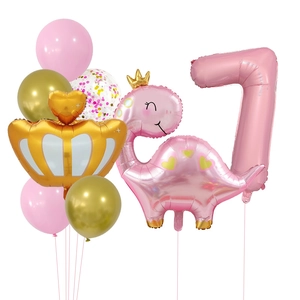 Set de ballons chiffre 7 rose avec dinosaure princesse et couronne pour fête d'anniversaire