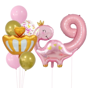 Kit de ballons dinosaure rose avec couronne dorée pour fête de 9ème anniversaire