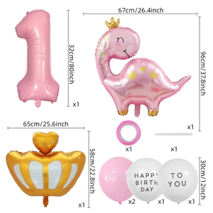 Set di palloncini dinosauro rosa per festa di primo compleanno con numero uno e corona