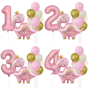 Pink Dinosaur Birthday Balloon Set With Crown Cartoon Animal Foil Balloons For Girls First Birthday Party Decorations
