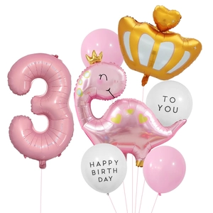 Set palloncini dinosauro rosa per 3° compleanno con numero 3 e corona dorata