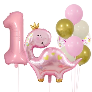 Pink cartoon dinosaur balloon set with golden crown and number 1 for girl birthday party