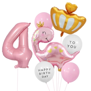Set di palloncini dinosauro rosa con corona e numero 4 per decorazione quarto compleanno