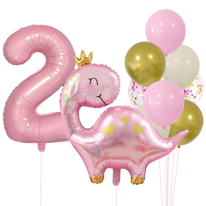 Detailed view of pink cartoon dinosaur and number 2 foil balloons for 2nd birthday party