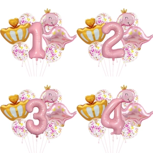 Ballon en Film d'Aluminium Couronne de Dinosaure de Dessin Animé Rose Or Ballons Numéros Ruban Paille Pour Décoration de Fête d'Anniversaire d'Enfants
