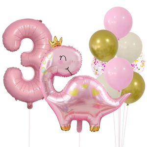Pink cartoon dinosaur balloon set with number 3 for girls 3rd birthday party decoration