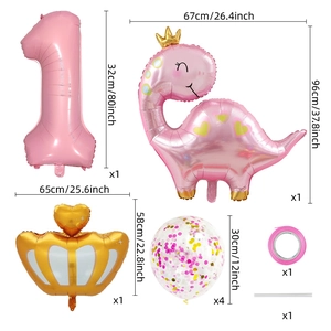 Kit ballon chiffre 1 rose avec dinosaure à couronne pour fête de premier anniversaire