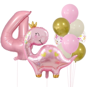 Pink dinosaur balloon set with number 4 and latex balloons for girls birthday party decor