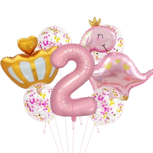 Ballon chiffre 2 rose avec couronne, dinosaure mignon et ballons à paillettes colorés