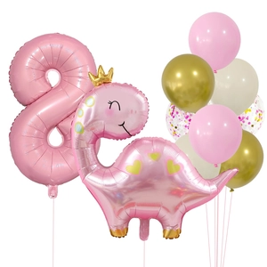 Pink number 8 balloon set with cartoon dinosaur for girl's birthday party decor