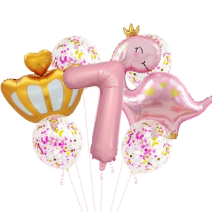 Kit ballons dinosaure rose avec chiffre 7 et ballons confettis pour fête d'anniversaire