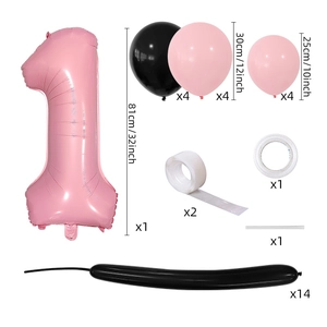 Pink number 1 balloon column set with black latex balloons for first birthday party decor