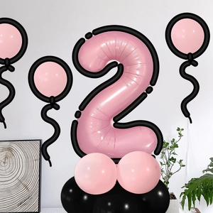 Pink number 2 foil balloon column with black and pink latex base for 2nd birthday decor