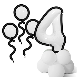 Kit de ballons chiffre 4 blanc style dessin animé avec contours noirs pour fête