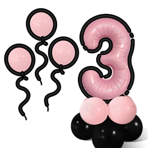 Detail view of pink and black balloon stand kit featuring a number 3 foil balloon