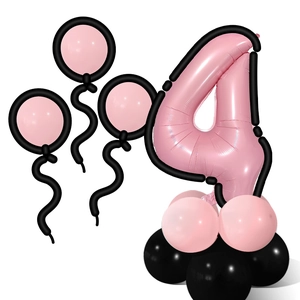 Pink and black number 4 balloon column stand set for birthday party decorations