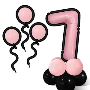 Detail of pink number 7 balloon column with black and pink latex balloons for birthday party