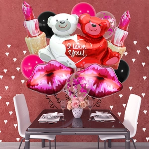 Valentijnsdag ballonnenset met beren, lippen en lippenstift voor romantische feestdecoratie