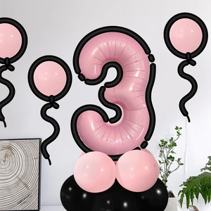 Pink and black number 3 balloon stand kit with cartoon style borders for birthday party deco