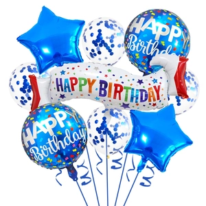 Detail of blue star balloons, confetti latex balloons and Happy Birthday foil banner set