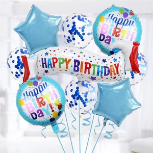 Blue Happy Birthday balloon set with star foils and confetti latex balloons for party decor