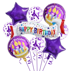 Close-up of purple Happy Birthday balloon set with star shapes and sequin latex balloons