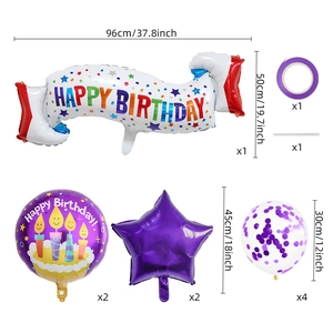 Macro detail of Happy Birthday candy balloon set with dimensions and balloon quantities