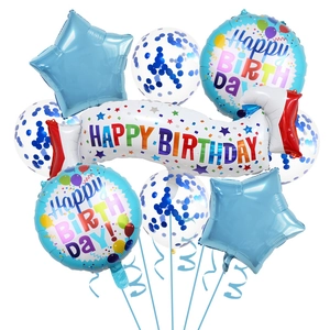 Detail view of blue star foil balloons and rainbow Happy Birthday banner set