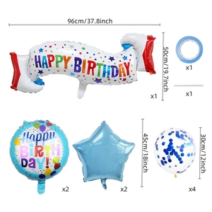 Detail view of Happy Birthday balloon kit with colorful candy banner and blue stars