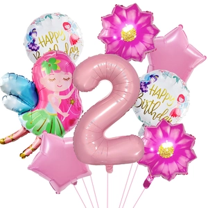 Set de ballons anniversaire fée avec chiffre 2 rose et ballons marguerites