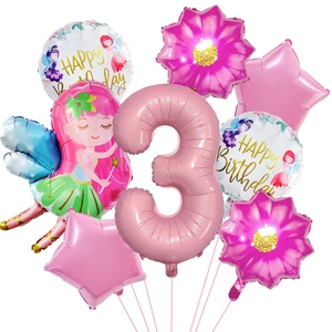 Kit ballons 3ème anniversaire thème fée avec chiffre 3 rose et fée en aluminium