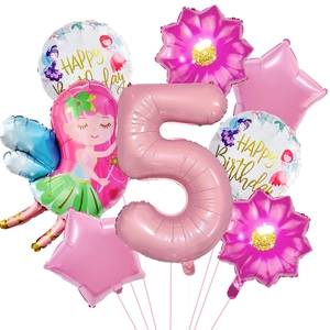 Kit de ballons 5ème anniversaire thème fée avec chiffre 5 rose et fée de dessin animé