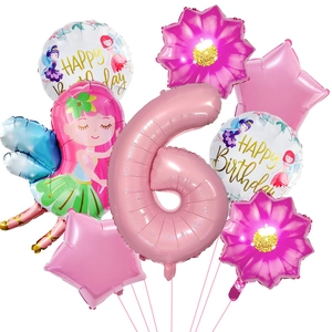 Set de 8 ballons d'anniversaire fée rose avec chiffre 6 et fleurs de marguerite