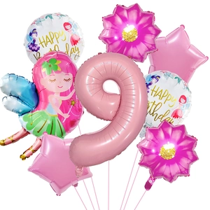 Détail du kit de ballons d'anniversaire fée avec chiffre neuf rose et étoiles décoratives