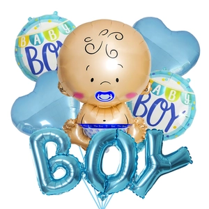 Set de 6 ballons Baby Shower bleus avec motifs bébé garçon et cœurs métallisés