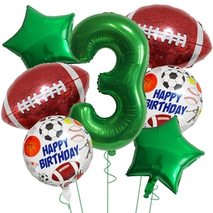 7-teiliges Sport-Thema 3. Geburtstag Ballon-Set mit grüner Zahl 3 und Rugby-Folienballons